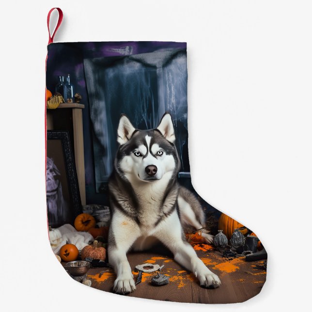 Meia De Natal Pequena Siberian Husky Pumpkins Halloween Scary (Frente)