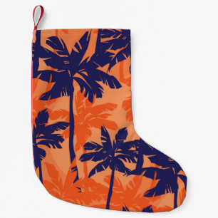 Meia De Natal Pequena Silhueta azul de palma, fundo laranja