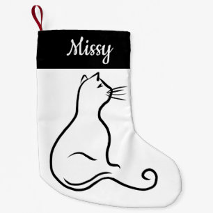 Meia De Natal Pequena Silhueta de gato linha simples preto e branco