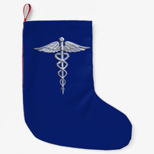 Meia De Natal Pequena Símbolo Médico do Cromo de Prata Caduceus em Azu