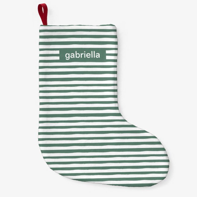 Meia De Natal Pequena Simples faixas verdes com nome (Frente)