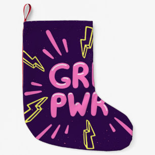 Meia De Natal Pequena Slogan feminista do poder feminino, fundo violeta.