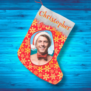 Meia De Natal Pequena Snowflakes Red & Dourado Festivo Nome da Foto Eleg