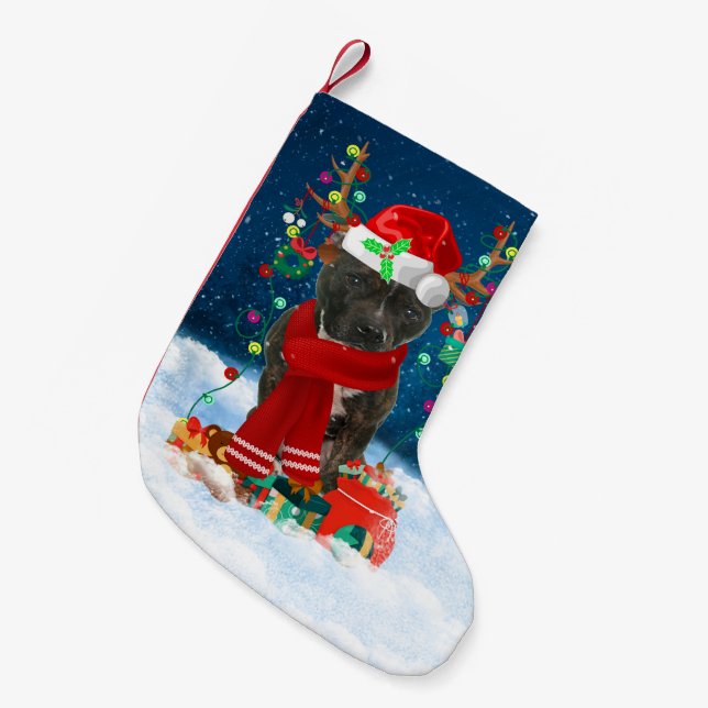 Meia De Natal Pequena Staffordshire Bull Terrier dog com presente de Nat (Frente (Pendurada))