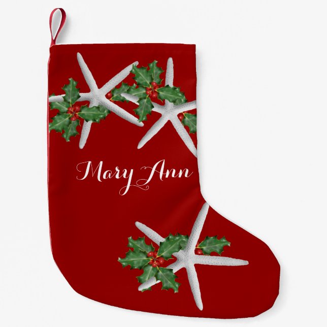 Meia De Natal Pequena Starfish e Holly Tropical Christmas Stocks (Frente)