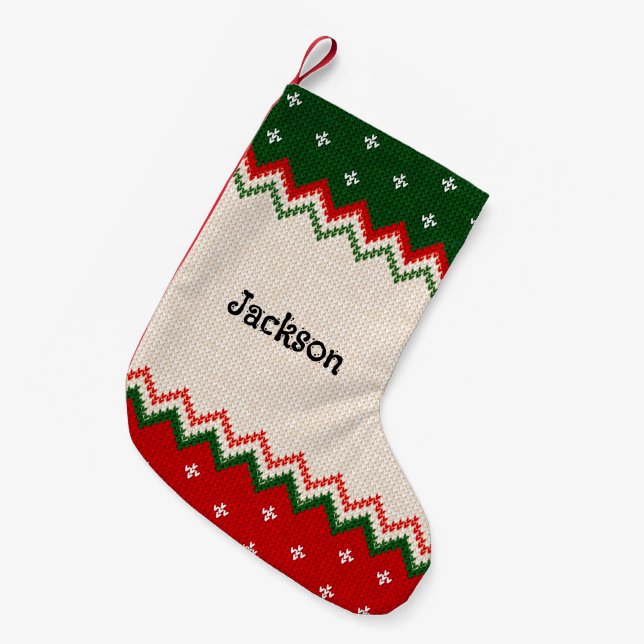 Meia De Natal Pequena Sweater Pattern Personalized Christmas Stocking (Frente (Pendurada))