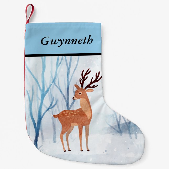 Meia De Natal Pequena Sweet Reindeer Doe em uma Floresta de Neve (Frente)