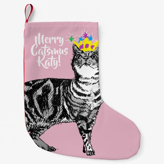 Meia De Natal Pequena Tabby Cat Feliz Catsmus Pink Natal (Frente)