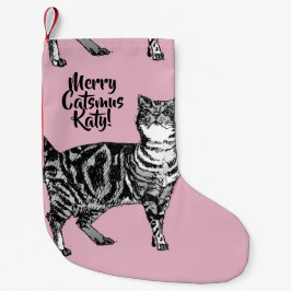 Meia De Natal Pequena Tabby Cat Merry Catsmus Pink Christmas Stocking