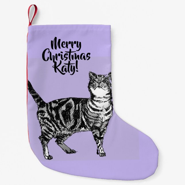 Meia De Natal Pequena Tabby Cat Merry Christmas Purple lavender Stocking (Frente)