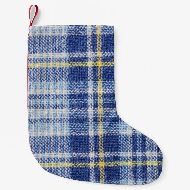 Meia De Natal Pequena Tartan Amarelo Azul: Xadrez Moda (Frente)