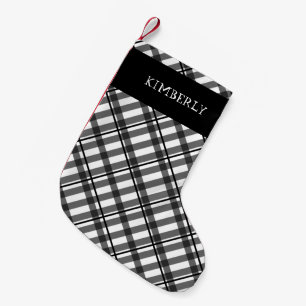 Meia De Natal Pequena Tartan Preto Branco Buffalo Plaid Nome Personaliza