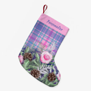Meia De Natal Pequena Tartan Rosa Azul Personalizado com Pinhas