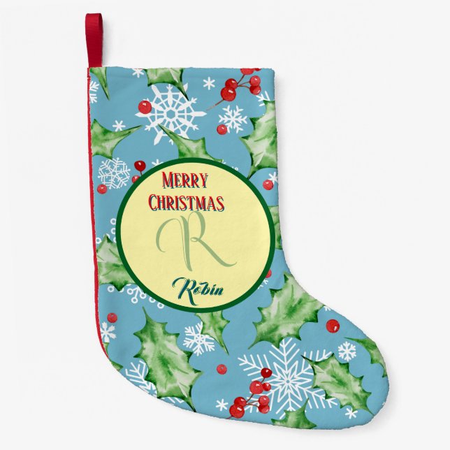 Meia De Natal Pequena Teal Holiday Botanical Christmas Bells & Gifts (Frente)