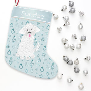 Meia De Natal Pequena Teal Mão Desenhada Bauble Maltês Cão ・ Personaliza