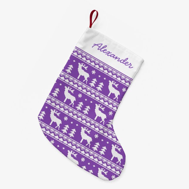 Meia De Natal Pequena Teste padrão justo roxo da camisola do Natal da (Frente (Pendurada))