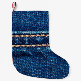 Meia De Natal Pequena Textura azul denim com linha de costura fechada, J