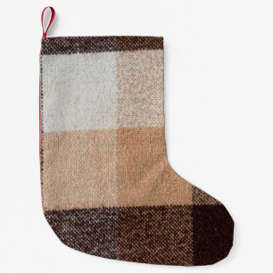 Meia De Natal Pequena Textura castanha de tecido de xadrez de lã marcad