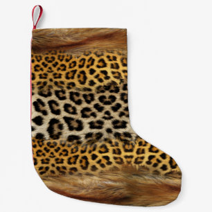 Meia De Natal Pequena Textura com pelo: raposa e leopardo.