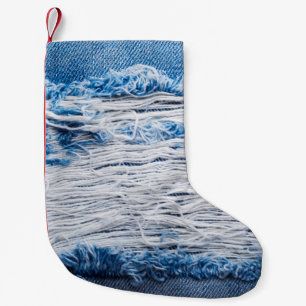 Meia De Natal Pequena Textura de jeans de denim rasgada azul com espaço