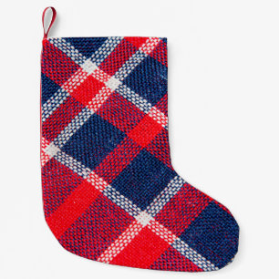 Meia De Natal Pequena Textura de tecido de lã vermelho e azul
