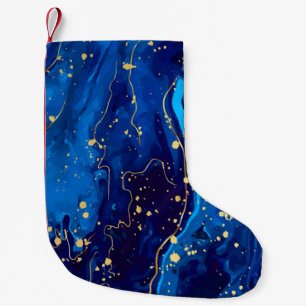 Meia De Natal Pequena Textura Dourada de mármore azul luxuosa