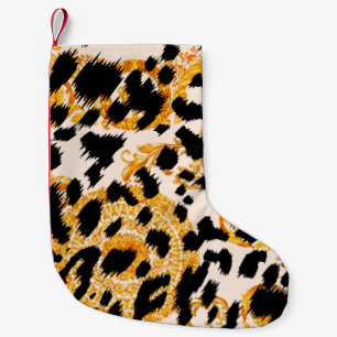Meia De Natal Pequena Textura leopardo com padrão barroco-ouro