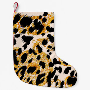 Meia De Natal Pequena Textura leopardo: padrão barroco-ouro.