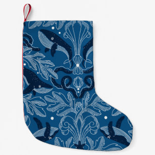 Meia De Natal Pequena Textura náutica de damasco com baleias, vintag mo