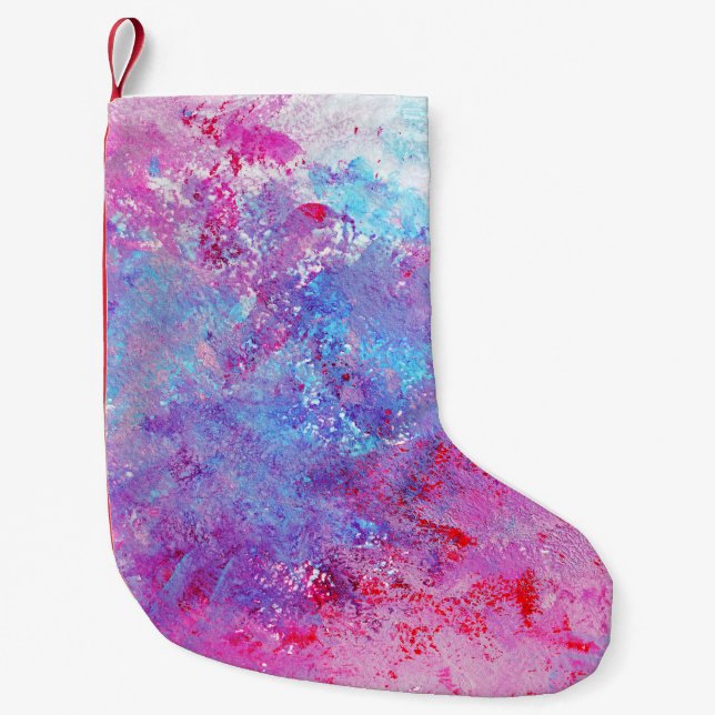 Meia De Natal Pequena Textura rosa-azul criativa, manchas de tinta. (Frente)