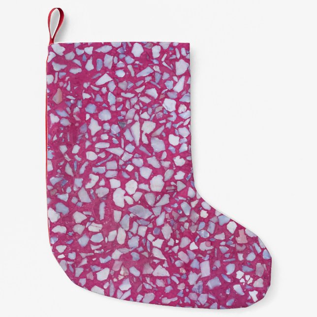 Meia De Natal Pequena Textura Terrazzo: Elegância Branca Rosa. (Frente)