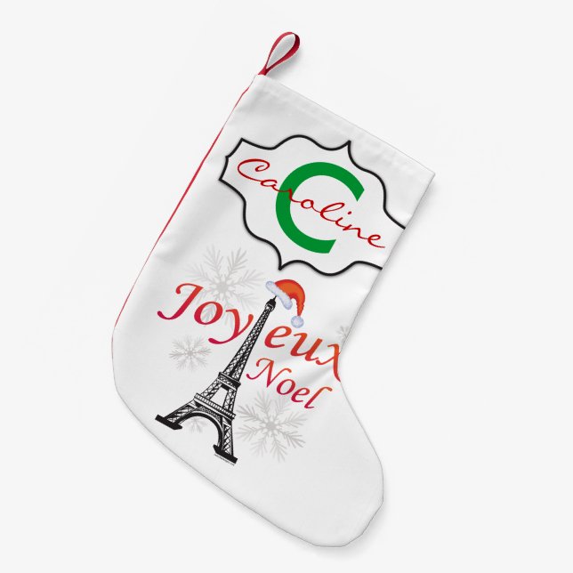 Meia De Natal Pequena Torre Joyeux Noel Eiffel Personalizada (Frente (Pendurada))