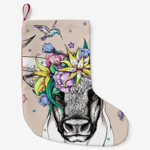 Meia De Natal Pequena Touro de desenho em uma coroa floral. Porta brilha