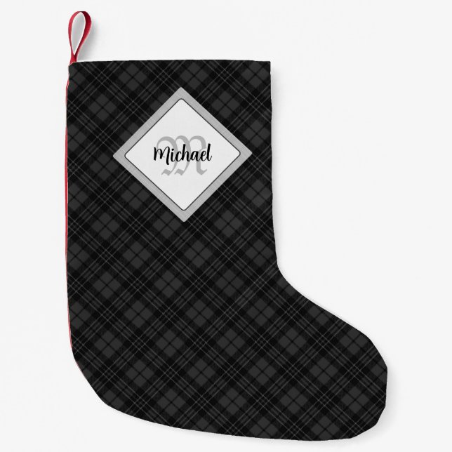 Meia De Natal Pequena Trendy Black White Tartan Personalize Monograma (Frente)