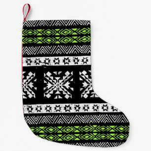 Meia De Natal Pequena Tribal Navajo, padrão verde branco preto.