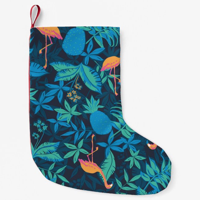 Meia De Natal Pequena Tropical Artística: Padrão Flamingo Pineapple. (Frente)