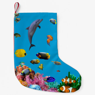 Meia De Natal Pequena Tropical fish & dolphin blue Christmas stocking