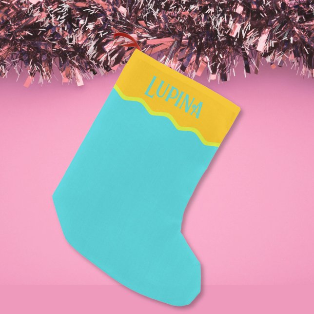 Meia De Natal Pequena Turquesa Laranja Clara e Brilhante Personalizada (Personalized turquoise Christmas stocking with mango orange and pear bright green)
