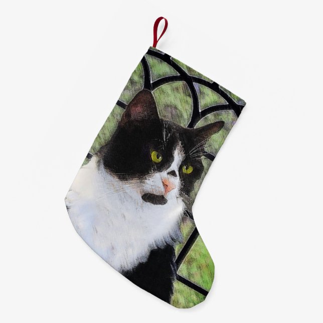 Meia De Natal Pequena Tuxedo Cat em Pintura de Janela Arte Animal Origin (Frente (Pendurada))