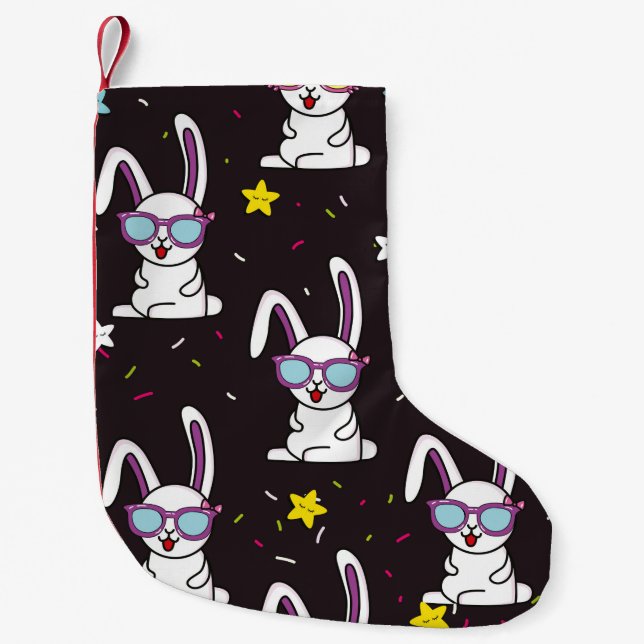 Meia De Natal Pequena Um bom padrão de coelhos. Coelho colorido, estrela (Frente)