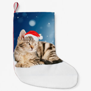 Meia De Natal Pequena Um Gato Fofo vestindo chapéu vermelho de Papai Noe