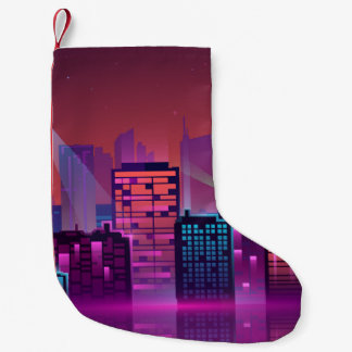 Meia De Natal Pequena Uma paisagem urbana noturna brilhante, vintage.
