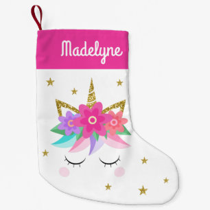 Meia De Natal Pequena Unicorn Flowers Stars Nome Personalizado Rosa