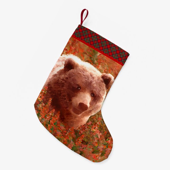 Meia De Natal Pequena Urso Grizzly na Pintura de Arte Selvagem com Algas (Frente (Pendurada))
