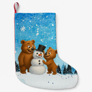 Meia De Natal Pequena ursos fofos construindo um boneco de neve