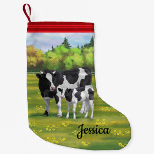Meia De Natal Pequena Vaca Holstein e Vitelo Fresco na Pastagem de Verão