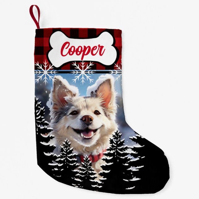 Meia De Natal Pequena Vermelho russo, xadrez de búfalos pretos (Frente)