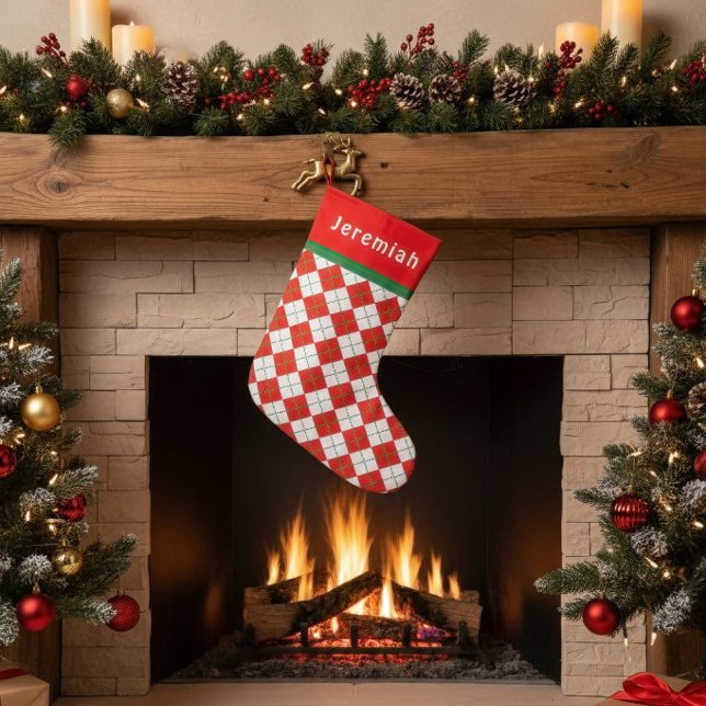 Meia De Natal Pequena Vermelho Verde Branco Argyle Monogramado (Stocking not to scale in the photo.)