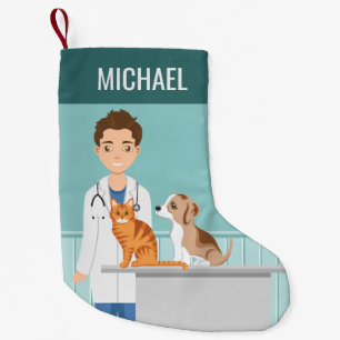 Meia De Natal Pequena Veterinário Médico Veterinário Com Gato E Cachorro