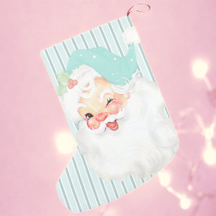 Meia De Natal Pequena Vintage Aqua Blue Papais noeis Piscar os olhos de 